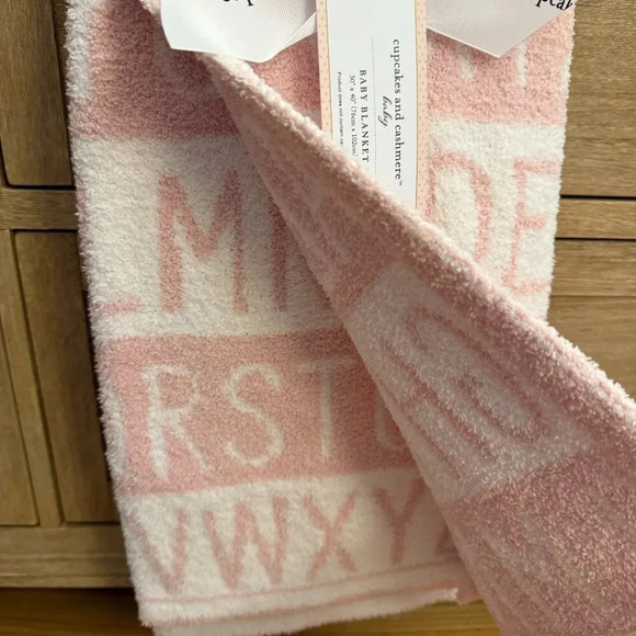 NWT Cupcakes and Cashmere Baby Blanket Pink Ivory Alphabet Print Throw - Picture 3 of 7